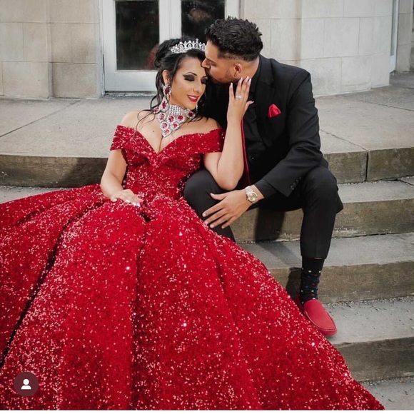 Red Sequin Heavy Lacrosse Back Ball Gown Wedding Dress - Picture 5 of 12